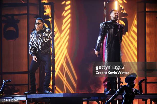 Myke Towers and Jay Wheeler perform onstage during The 22nd Annual Latin GRAMMY Awards at MGM Grand Garden Arena on November 18, 2021 in Las Vegas,...