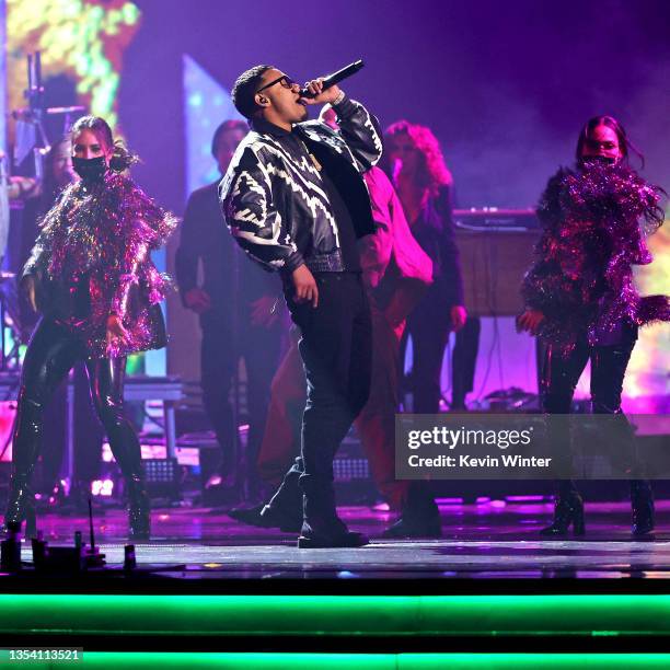 Myke Towers performs onstage during The 22nd Annual Latin GRAMMY Awards at MGM Grand Garden Arena on November 18, 2021 in Las Vegas, Nevada.