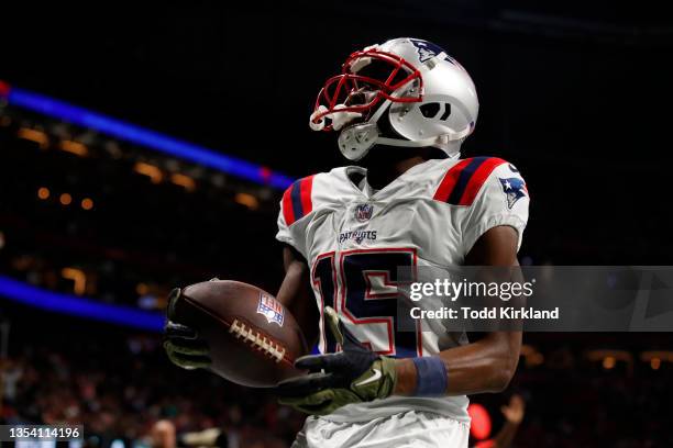 Nelson Agholor of the New England Patriots reacts after scoring a touchdown against the Atlanta Falcons in the second quarter at Mercedes-Benz...