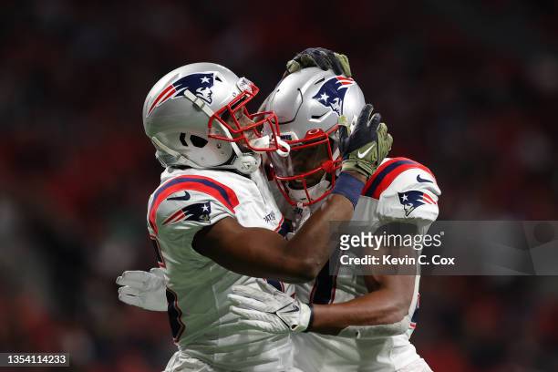 Nelson Agholor of the New England Patriots celebrates with Damien Harris of the New England Patriots after scoring a touchdown against the Atlanta...