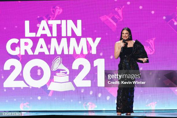 Ana Brenda Contreras speaks onstage during The 22nd Annual Latin GRAMMY Awards at MGM Grand Garden Arena on November 18, 2021 in Las Vegas, Nevada.
