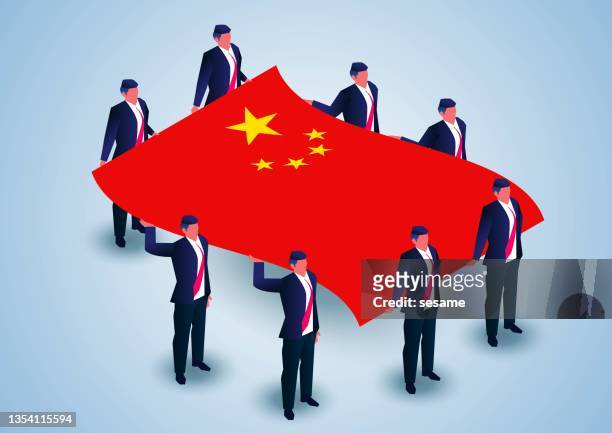 stockillustraties, clipart, cartoons en iconen met business team carrying the red chinese flag together - china red guards