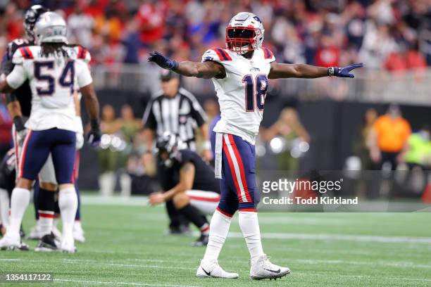 Matthew Slater of the New England Patriots reacts after a missed field goal by the Atlanta Falcons in the second quarter at Mercedes-Benz Stadium on...