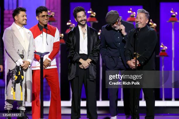 Jonathan Julca, David Julca, Camilo, Yasmil Marrufo, and Ricardo Montaner accept Best Tropical Song for "Dios Así lo Quiso" onstage at the Premiere...
