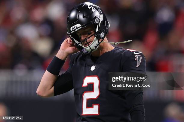 Matt Ryan of the Atlanta Falcons reacts after being unable to convert on fourth down in the third quarter against the New England Patriots at...
