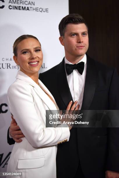 Scarlett Johansson and Colin Jost attend the 35th Annual Cinematheque Awards Honoring Scarlett Johansson at The Beverly Hilton on November 18, 2021...