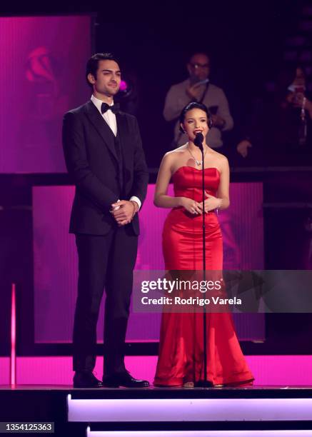 Matteo Bocelli and Ángela Aguilar speak onstage during The 22nd Annual Latin GRAMMY Awards at MGM Grand Garden Arena on November 18, 2021 in Las...