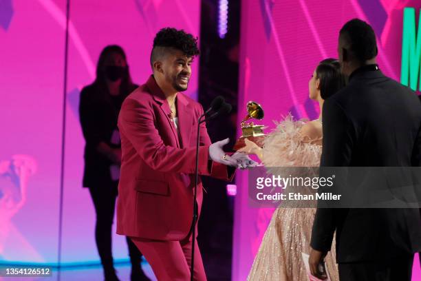 Bad Bunny accepts the award for Best Urban Music Album onstage during The 22nd Annual Latin GRAMMY Awards at MGM Grand Garden Arena on November 18,...
