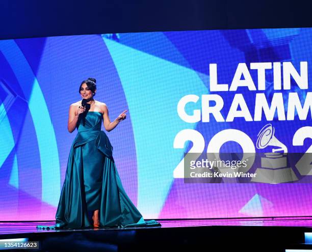 Co-host Ana Brenda Contreras speaks onstage during The 22nd Annual Latin GRAMMY Awards at MGM Grand Garden Arena on November 18, 2021 in Las Vegas,...