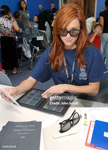 Danneel Harris at the Randot Test station during Danneel Harris Volunteers Her Time at The Gift of Sight Clinic in Downtown Los Angeles at United...