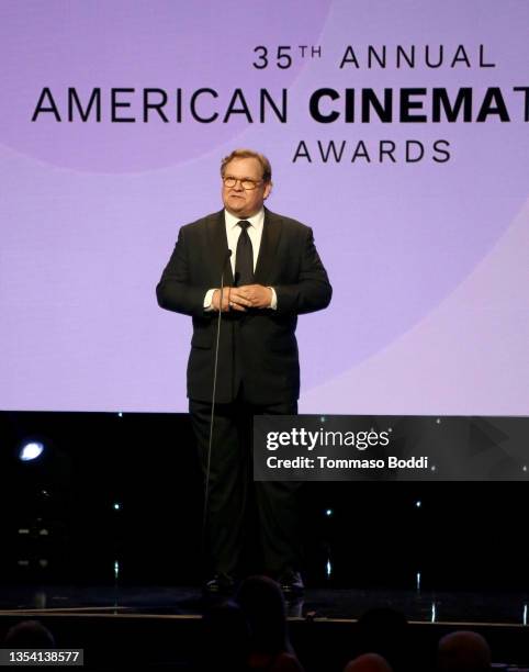 Andy Richter speaks onstage during the 35th Annual American Cinematheque Awards Honoring Scarlett Johansson at The Beverly Hilton on November 18,...