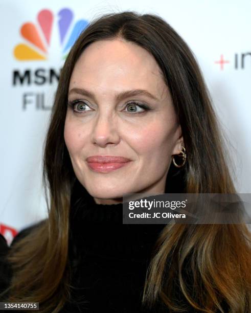 Actress Angelina Jolie attends the Los Angeles premiere of MSNBC Films' "Paper & Glue: A JR Project" at Museum Of Tolerance on November 18, 2021 in...