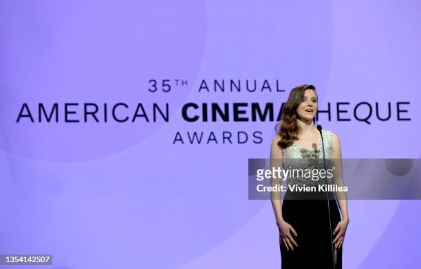Thomasin McKenzie speaks onstage during the 35th Annual American Cinematheque Awards Honoring Scarlett Johansson at The Beverly Hilton on November...