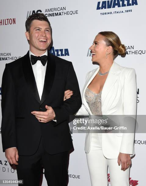 Colin Jost and Scarlett Johansson attend the 35th Annual American Cinematheque Awards Honoring Scarlett Johansson at The Beverly Hilton on November...