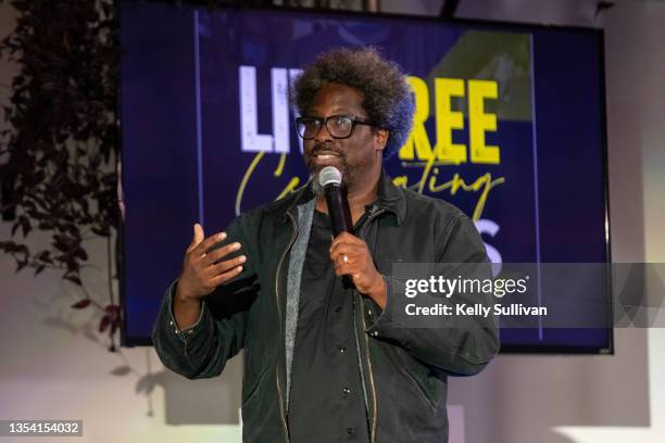 Kamau Bell speaks onstage during LIVE FREE USA Turns 10: Creating Safer Neighborhoods Under The Direction Of Pastor Mike McBride at Ciel Creative...