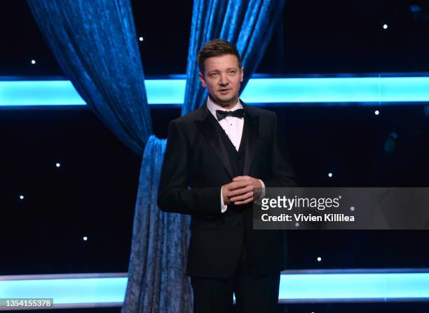Jeremy Renner speaks onstage during the 35th Annual American Cinematheque Awards Honoring Scarlett Johansson at The Beverly Hilton on November 18,...