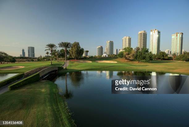 View of the par 3, seventh hole after complete renovation and re-construction of the greens in July 2021 on the Majlis Course at Emirates Golf Club...