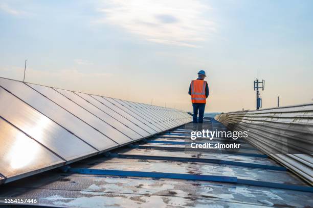 male engineer walking along rows of photovoltaic panels - safety vest stock pictures, royalty-free photos & images