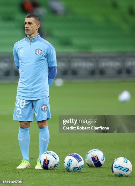 Manuel Pucciarelli of Melbourne City looks on prior to the A-League match between Melbourne City and Brisbane Roar at AAMI Park, on November 19 in...