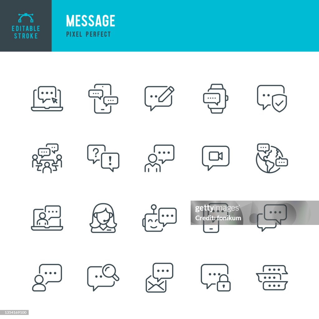Mensaje- conjunto de iconos vectoriales de línea delgada. Píxel perfecto. Trazo editable. El conjunto contiene iconos: Mensaje, Burbuja de voz, Soporte, Chat, Carta, Conferencia web.