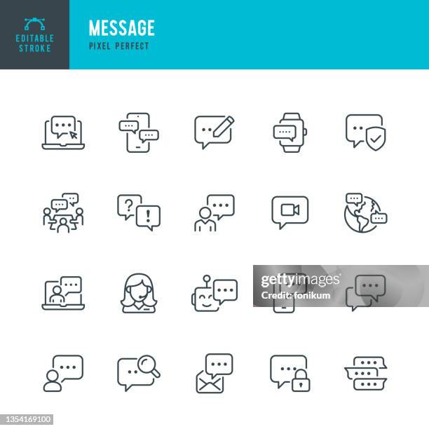 ilustrações de stock, clip art, desenhos animados e ícones de message - thin line vector icon set. pixel perfect. editable stroke. the set contains icons: message, speech bubble, support, chat, letter, web conference. - feedback