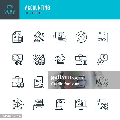 ACCOUNTING - dünne Linie Vektor Icon Set. Pixel perfekt. Bearbeitbarer Kontur. Das Set enthält Symbole: Buchhaltung, Einkommensteuer, Steuerrückerstattungen, Finanzbericht, Ersparnisse, Finanzplanung. ACCOUNTING - dünne Linie Vektor Icon Set. Pixel perfekt. Bearbeitbarer Kontur. Das Set enthält Symbole: Buchhaltung, Einkommensteuer, Steuerrückerstattungen, Finanzbericht, Ersparnisse, Finanzplanung.