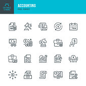 ACCOUNTING - thin line vector icon set. Pixel perfect. Editable stroke. The set contains icons: Accountancy, Income Tax, Tax Refunds, Financial Report, Savings, Financial Planning.
