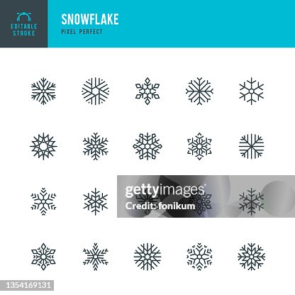 Snowflake - thin line vector icon set. Pixel perfect. Editable stroke. The set contains icons: Snowflake, Winter, Christmas Ornament, Snow. Snowflake - thin line vector icon set. Pixel perfect. Editable stroke. The set contains icons: Snowflake, Winter, Christmas Ornament, Snow.