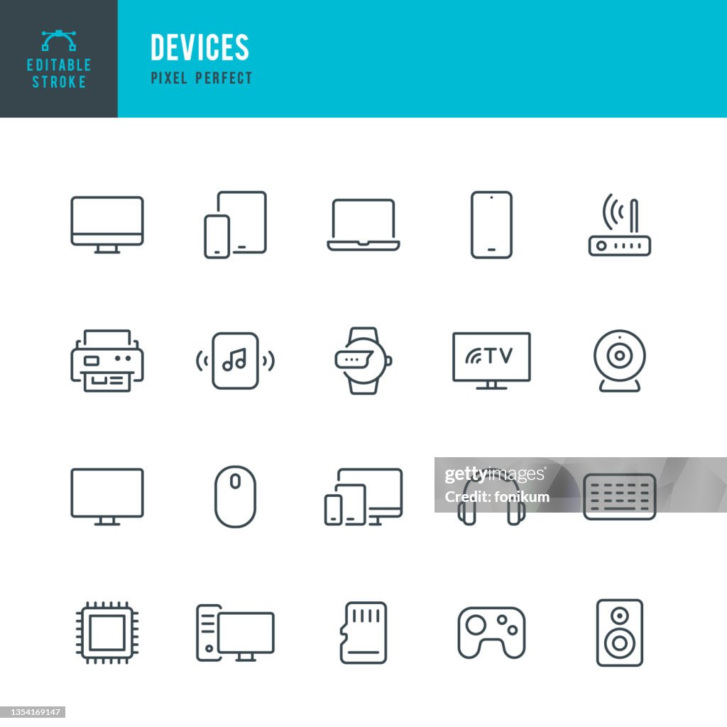 GERÄTE - Dünne Linie Vektor Icon Set. Pixel perfekt. Bearbeitbarer Kontur. Das Set enthält Symbole: Desktop-PC, Laptop, Digital Tablet, Smart TV, Smartphone, Smart Speaker, Smart Watch.