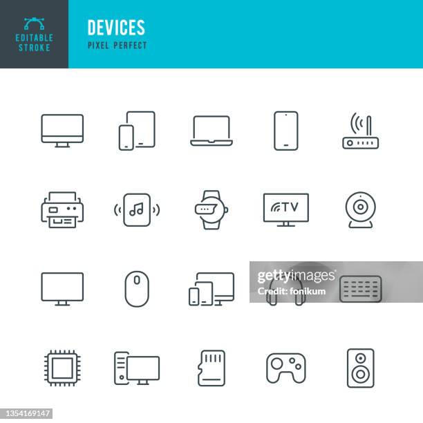 illustrations, cliparts, dessins animés et icônes de devices - jeu d’icônes vectorielles à ligne mince. pixel parfait. contour modifiable. l’ensemble contient des icônes: pc de bureau, ordinateur portable, tablette numérique, smart tv, téléphone intelligent, haut-parleur intelligent, montre intelli - équipement