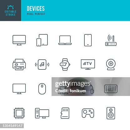DEVICES - thin line vector icon set. Pixel perfect. Editable stroke. The set contains icons: Desktop PC, Laptop, Digital Tablet, Smart TV, Smart Phone, Smart Speaker, Smart Watch. DEVICES - thin line vector icon set. Pixel perfect. Editable stroke. The set contains icons: Desktop PC, Laptop, Digital Tablet, Smart TV, Smart Phone, Smart Speaker, Smart Watch.