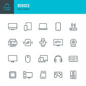 DEVICES - thin line vector icon set. Pixel perfect. Editable stroke. The set contains icons: Desktop PC, Laptop, Digital Tablet, Smart TV, Smart Phone, Smart Speaker, Smart Watch.