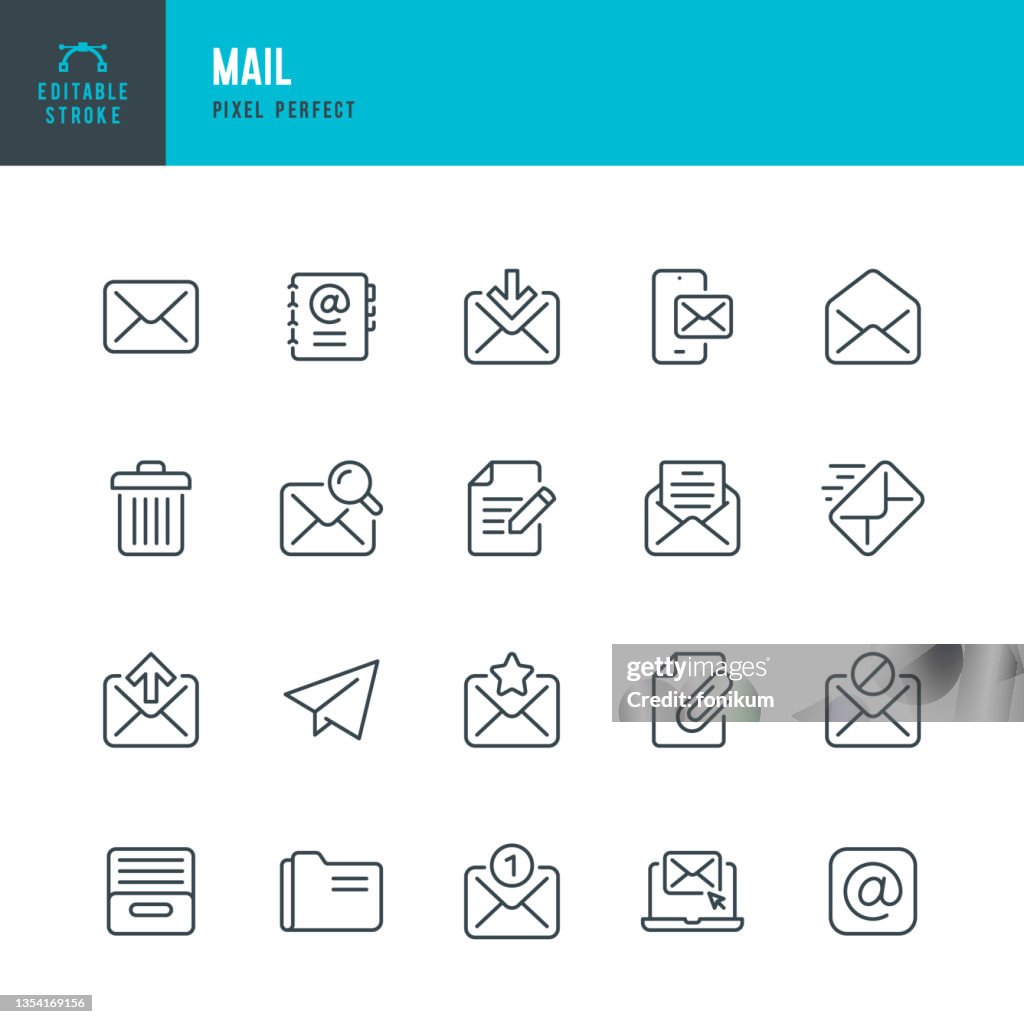 MAIL - thin line vector icon set. Pixel perfect. Editable stroke. The set contains icons: E-Mail, Mail, Address Book, Envelope, Letter Sending, Inbox Letter, Searching Letter.