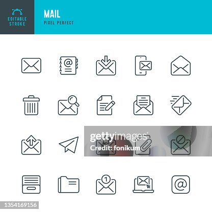 MAIL - thin line vector icon set. Pixel perfect. Editable stroke. The set contains icons: E-Mail, Mail, Address Book, Envelope, Letter Sending, Inbox Letter, Searching Letter. MAIL - thin line vector icon set. Pixel perfect. Editable stroke. The set contains icons: E-Mail, Mail, Address Book, Envelope, Letter Sending, Inbox Letter, Searching Letter.