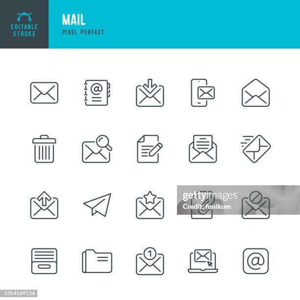 mail - thin line vector icon set. pixel perfect. editable stroke. the set contains icons: e-mail, mail, address book, envelope, letter sending, inbox letter, searching letter. - 通信 幅插畫檔、美工圖案、卡通及圖標