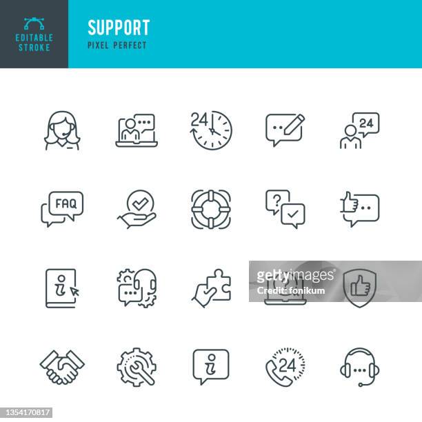 stockillustraties, clipart, cartoons en iconen met support - thin line vector icon set. pixel perfect. editable stroke. the set contains icons: it support, help desk, call center, customer service representative, instructions. - solution