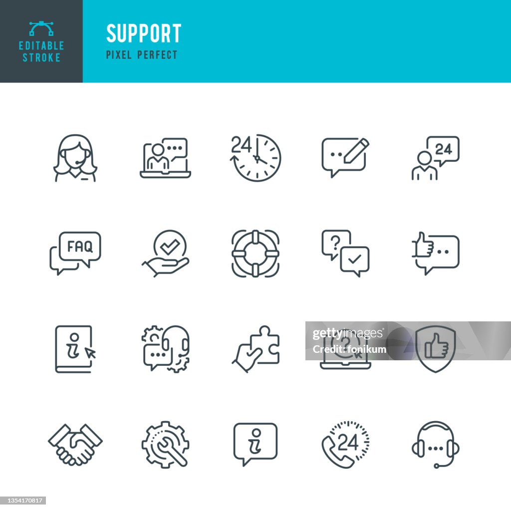 Support - thin line vector icon set. Pixel perfect. Editable stroke. The set contains icons: IT Support, Help Desk, Call Center, Customer Service Representative, Instructions.
