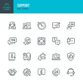 Support - thin line vector icon set. Pixel perfect. Editable stroke. The set contains icons: IT Support, Help Desk, Call Center, Customer Service Representative, Instructions.