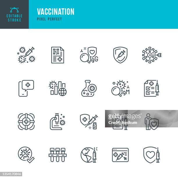 vaccination - thin line vector icon set. pixel perfect. editable stroke. the set contains icons: vaccination, covid-19 vaccine, antibody test, immunization certificate, herd immunity. - biotechnology icon stock illustrations