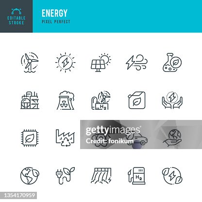 ENERGY - jeu d’icônes vectorielles à ligne mince. Pixel parfait. Contour modifiable. L’ensemble contient des icônes: énergie solaire, énergie éolienne, énergie renouvelable, énergie hydroélectrique, hydrogène, technologie verte. ENERGY - jeu d’icônes vectorielles à ligne mince. Pixel parfait. Contour modifiable. L’ensemble contient des icônes: énergie solaire, énergie éolienne, énergie renouvelable, énergie hydroélectrique, hydrogène, technologie verte.