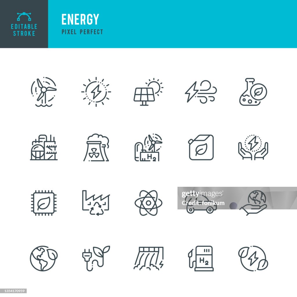 ENERGIA - conjunto de ícones vetoriais de linha fina. Pixel perfeito. Golpe editável. O conjunto contém ícones: Energia Solar, Energia Eólica, Energia Renovável, Energia Hidrelétrica, Hidrogênio, Tecnologia Verde.