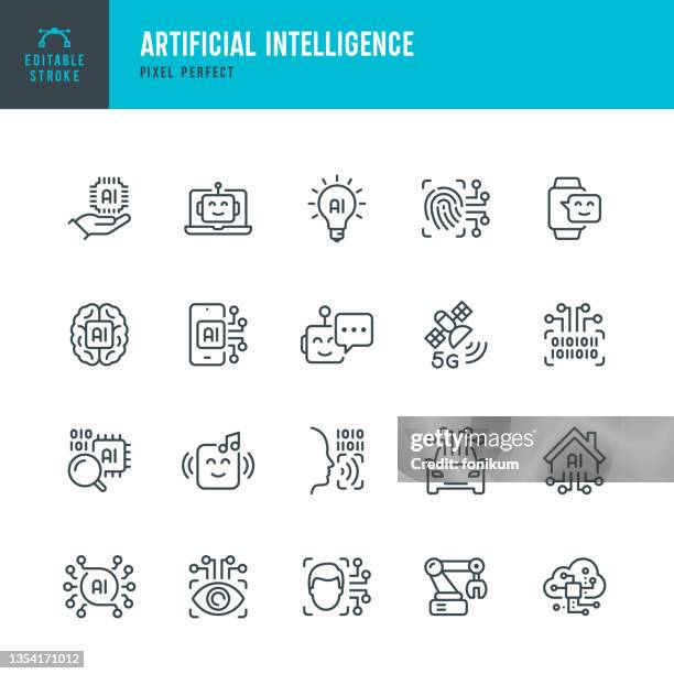 ilustrações de stock, clip art, desenhos animados e ícones de artificial intelligence - thin line vector icon set. pixel perfect. editable stroke. the set contains icons: artificial intelligence, robot, virtual assistant, autopilot, cloud computing, machine vision. - assistente-virtual