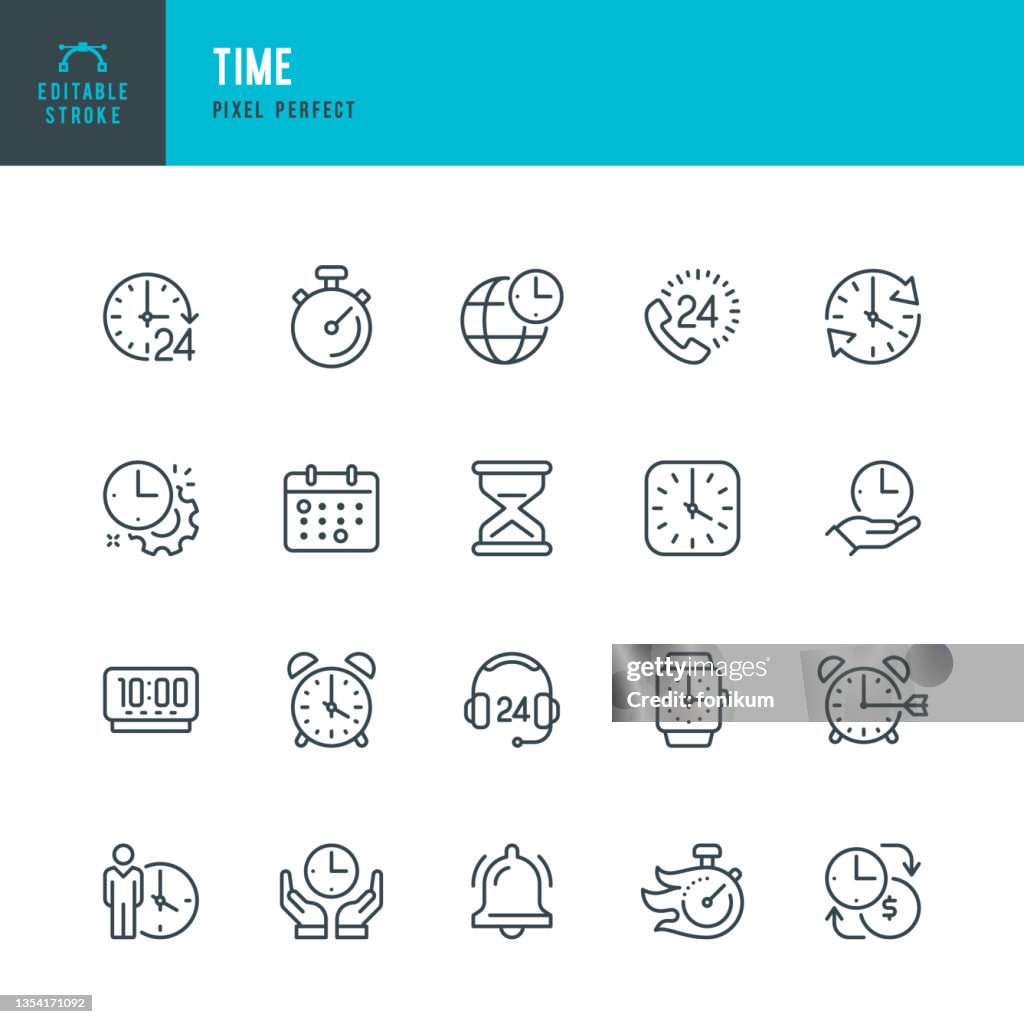 TIME - set di icone vettoriali a linea sottile. Pixel perfetto. Tratto modificabile. Il set contiene icone: Ora, Orologio, Sveglia, Clessidra, Cronometro, Timer, Smart Watch, Fuso orario.