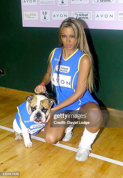 Jodie Marsh and her dog Maddie during The Celebrity Netball 7's at Crystal Palace Sports Centre in London, Great Britain.