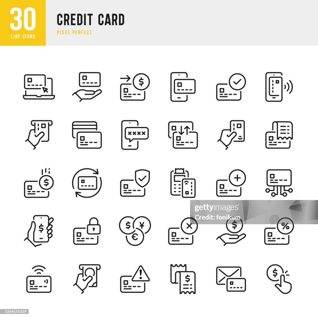 Kreditkarte - dünne Linie Symbol set. Vektorillustration. Pixel perfekt. Das Set enthält Symbole: Kreditkarte, Bankkonto, kontaktlose Zahlung, Geldautomat, Kontoauszug, Cash Back.