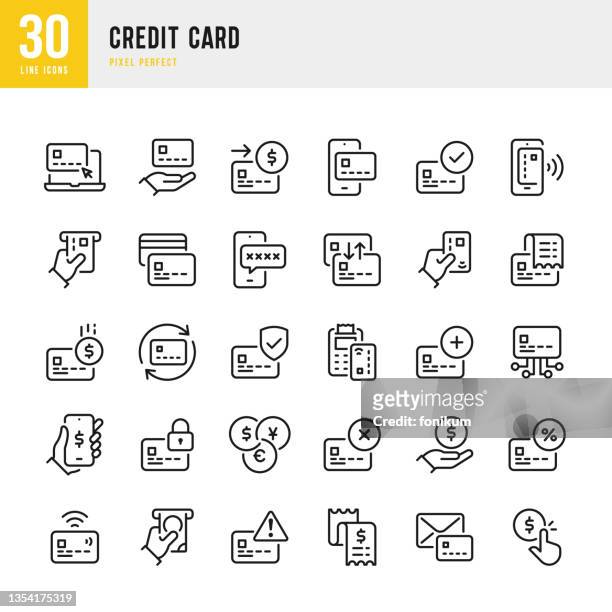 kreditkarte - dünne linie symbol set. vektorillustration. pixel perfekt. das set enthält symbole: kreditkarte, bankkonto, kontaktlose zahlung, geldautomat, kontoauszug, cash back. - credit card stock-grafiken, -clipart, -cartoons und -symbole