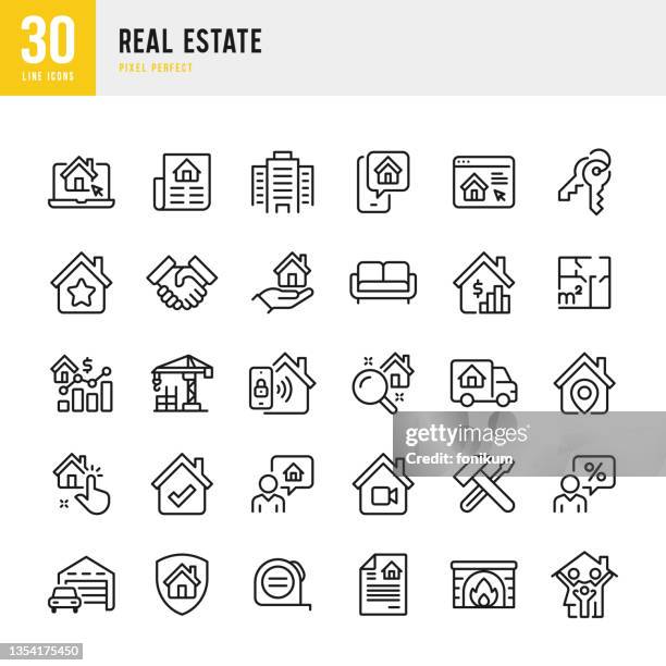 ilustraciones, imágenes clip art, dibujos animados e iconos de stock de bienes raíces - conjunto de iconos de línea delgada. ilustración vectorial. píxel perfecto. el conjunto contiene iconos: casa, seguro de bienes raíces, agente de bienes raíces, llave de la casa, vida doméstica, construcción de bienes raíces, reubi - riqueza