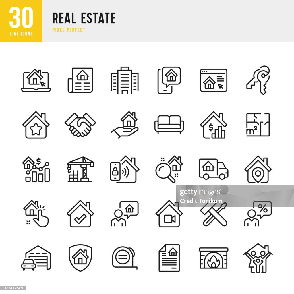 Real Estate - thin line icon set. Vector illustration. Pixel perfect. The set contains icons: House, Real Estate Insurance, Real Estate Agent, House Key, Domestic Life, Real Estate Construction, Relocation.