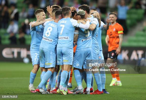 Curtis Good of Melbourne City celebrates after scoring a goal during the A-League match between Melbourne City and Brisbane Roar at AAMI Park, on...