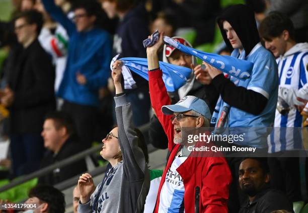 Melbourne City fans celebrate a goal during the A-League match between Melbourne City and Brisbane Roar at AAMI Park, on November 19 in Melbourne,...
